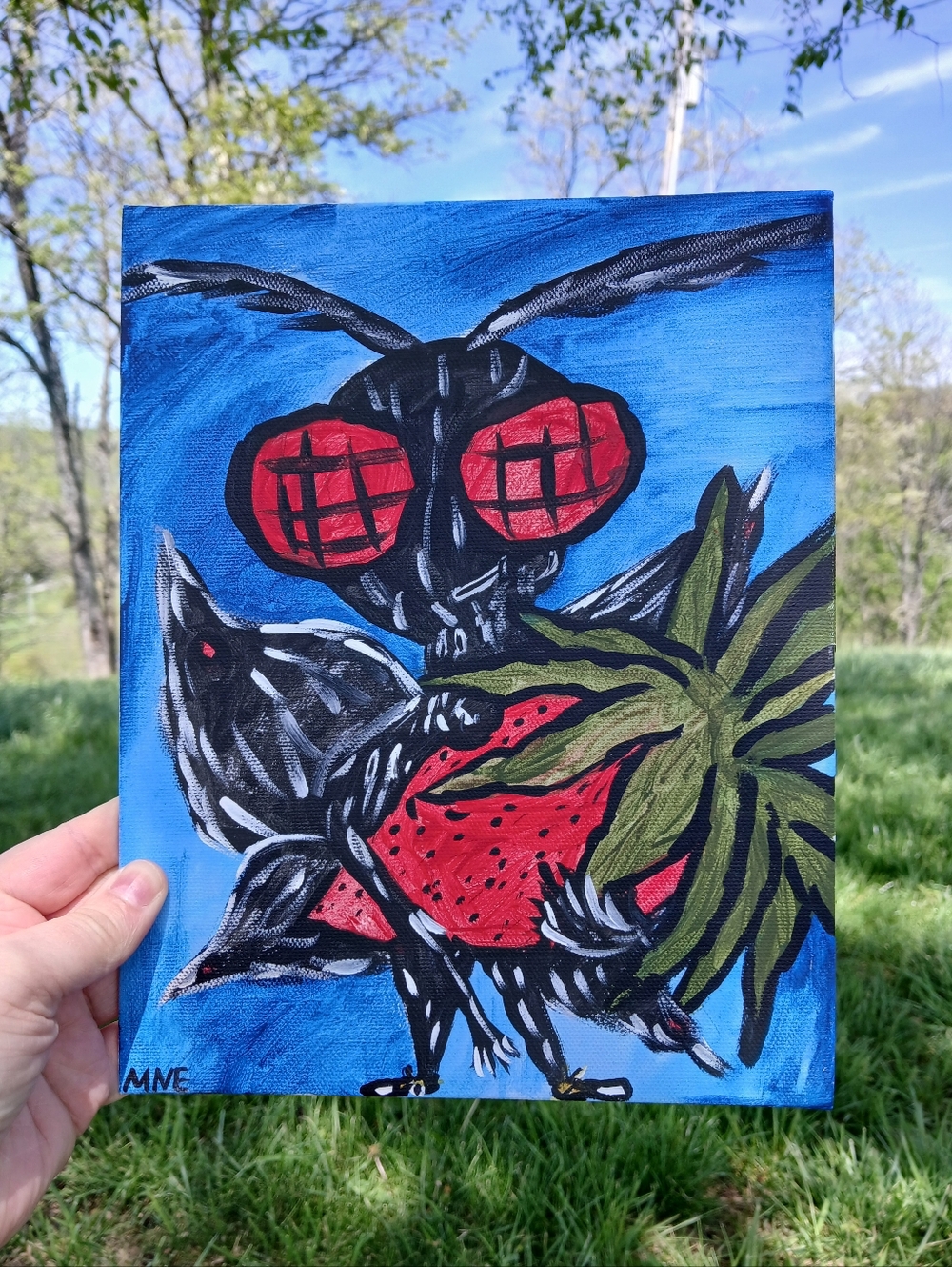 Mothman Eating Strawberry Painting Folk Art Cryptid